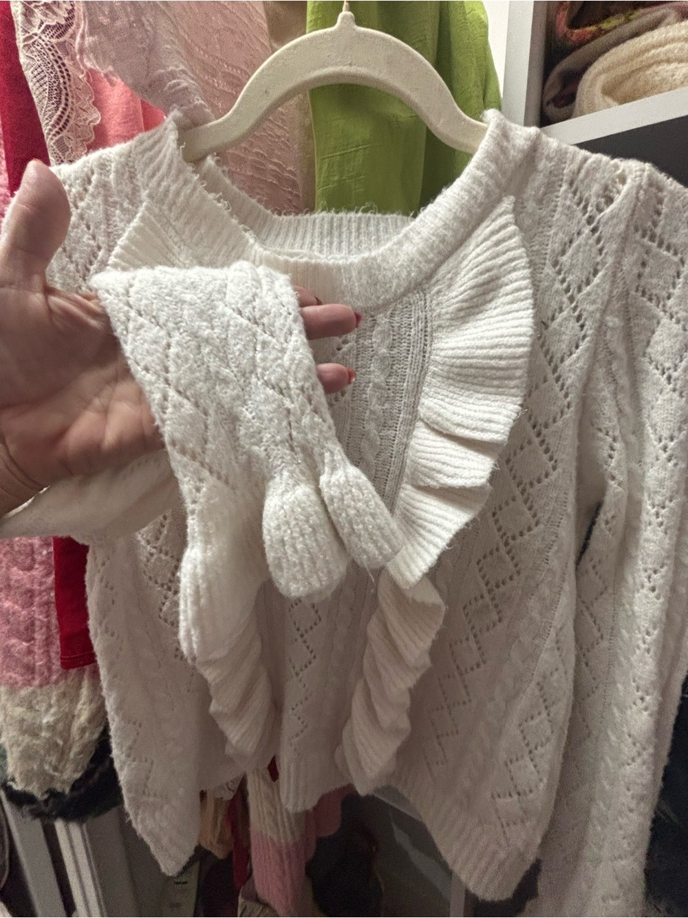 Francesca's Collections Cream Ruffle-Front Knit Sweater - Picture 2 of 6